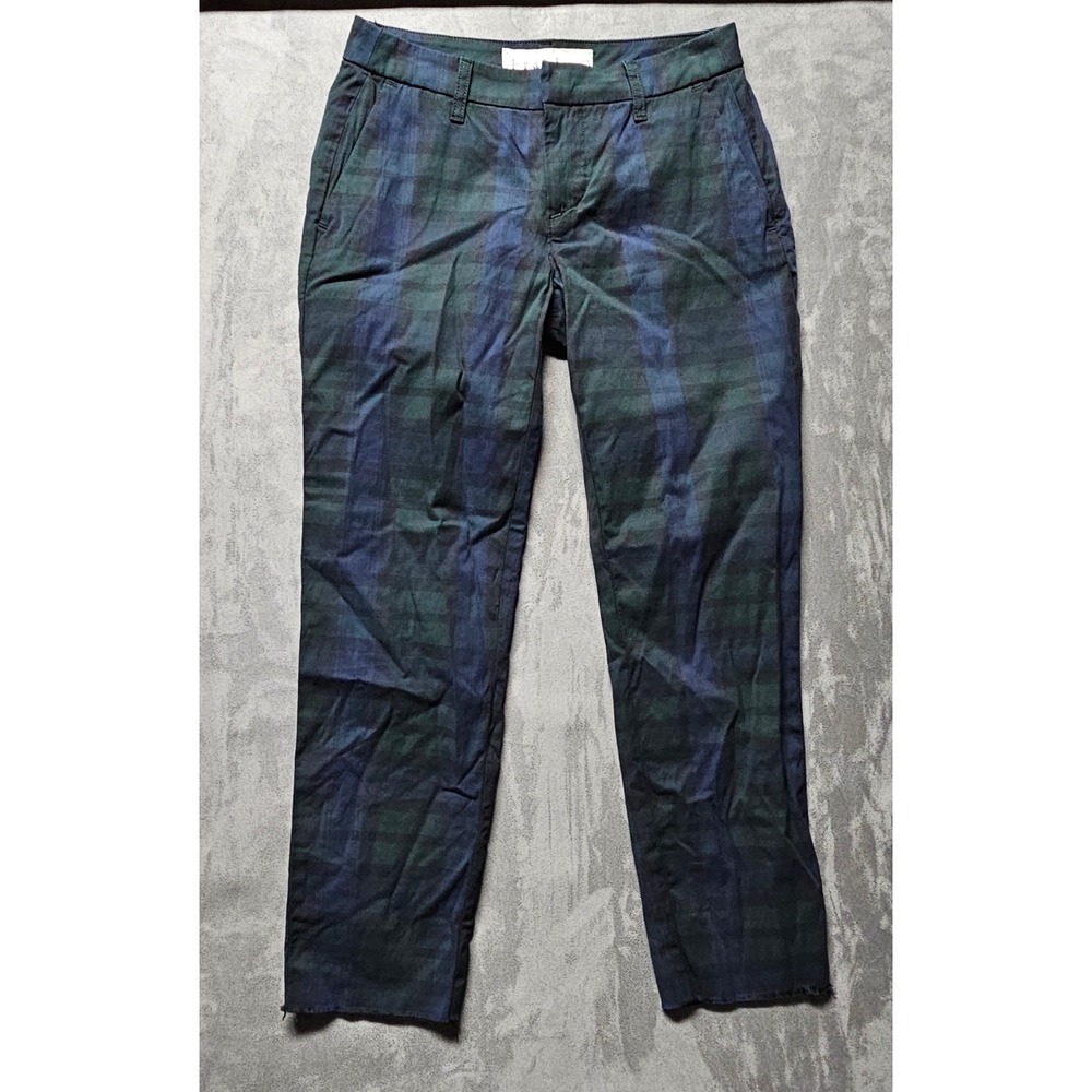 Frank & Eileen Size 0 Black Watch Plaid Raw Hem Tapered Trouser Pants Navy Green
